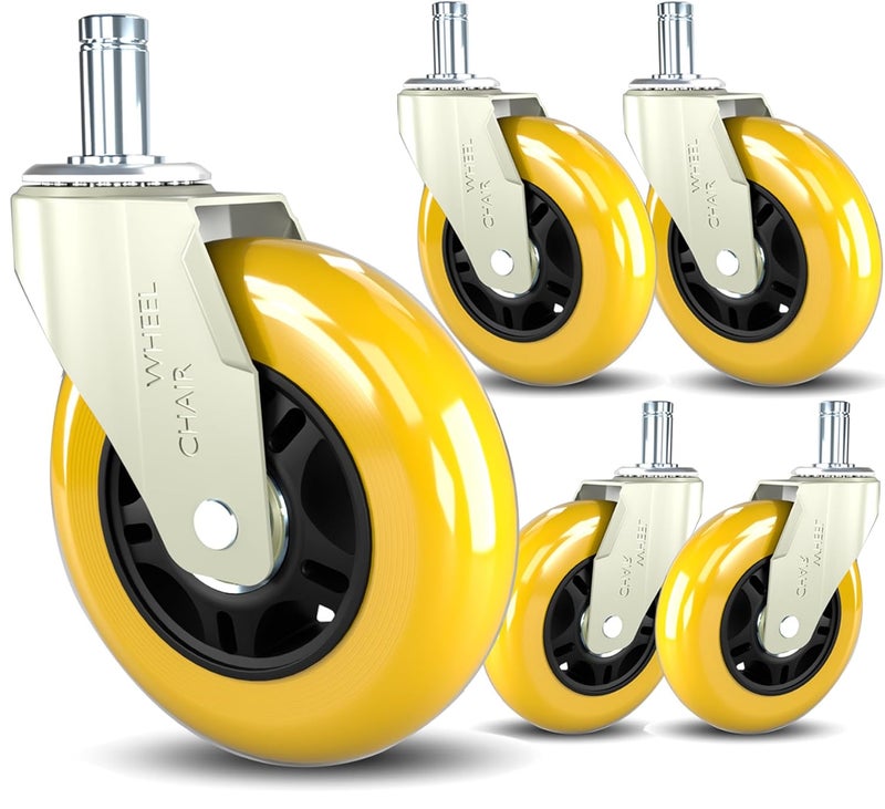 TESUMI Yellow Office Chair Wheels 3 Inch Roller Blade Rubber Wheels Caster Replacement, 11mm Universal Fit Stem Heavy Duty Computer Gaming Desk Chair Caster Wheels for Variouus Floor - Set of 5 - Image 1